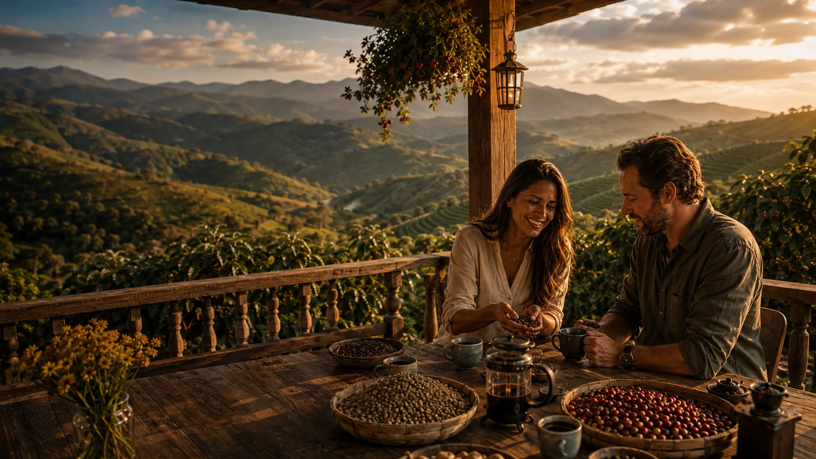 Coffee professionals sharing coffee and conversation on a terrace in Minas Gerais
