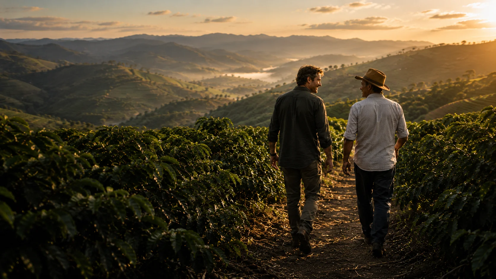 Two coffee professionals walking through a coffee farm in Minas Gerais at golden hour